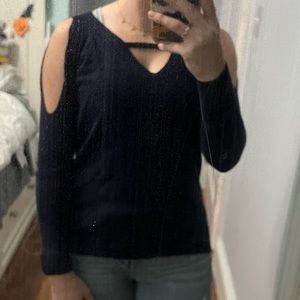 XS devotion blue sweater. Cold shoulder and neckline cutout.